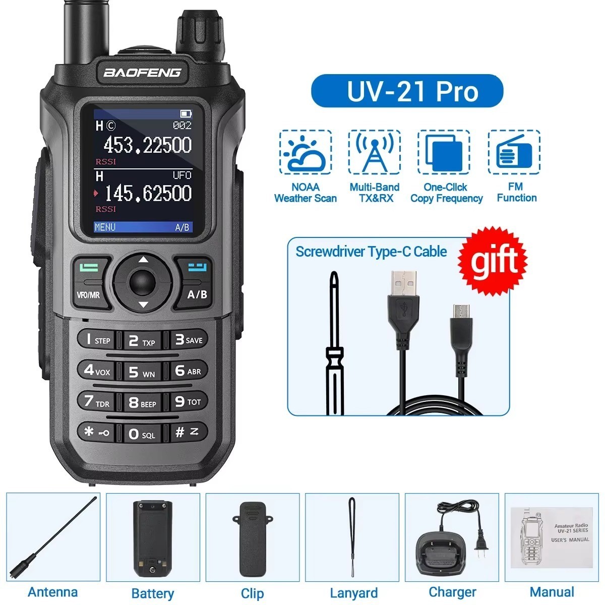 Baofeng UV-21 Pro Walkie Talkie Multi-Band Type-C Ham Two-Way Radio
