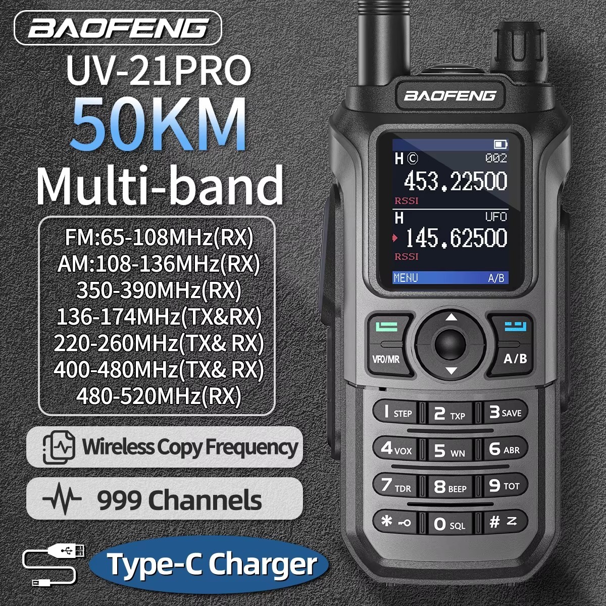 Baofeng UV-21 Pro Walkie Talkie Multi-Band Type-C Ham Two-Way Radio - Image 4