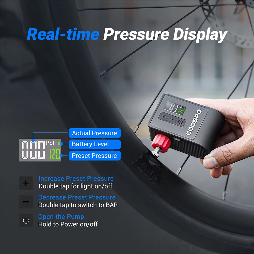COOSPO Mini Electric Air Pump Portable Digital Inflator 120PSI 500mAh MTB Road - Image 5